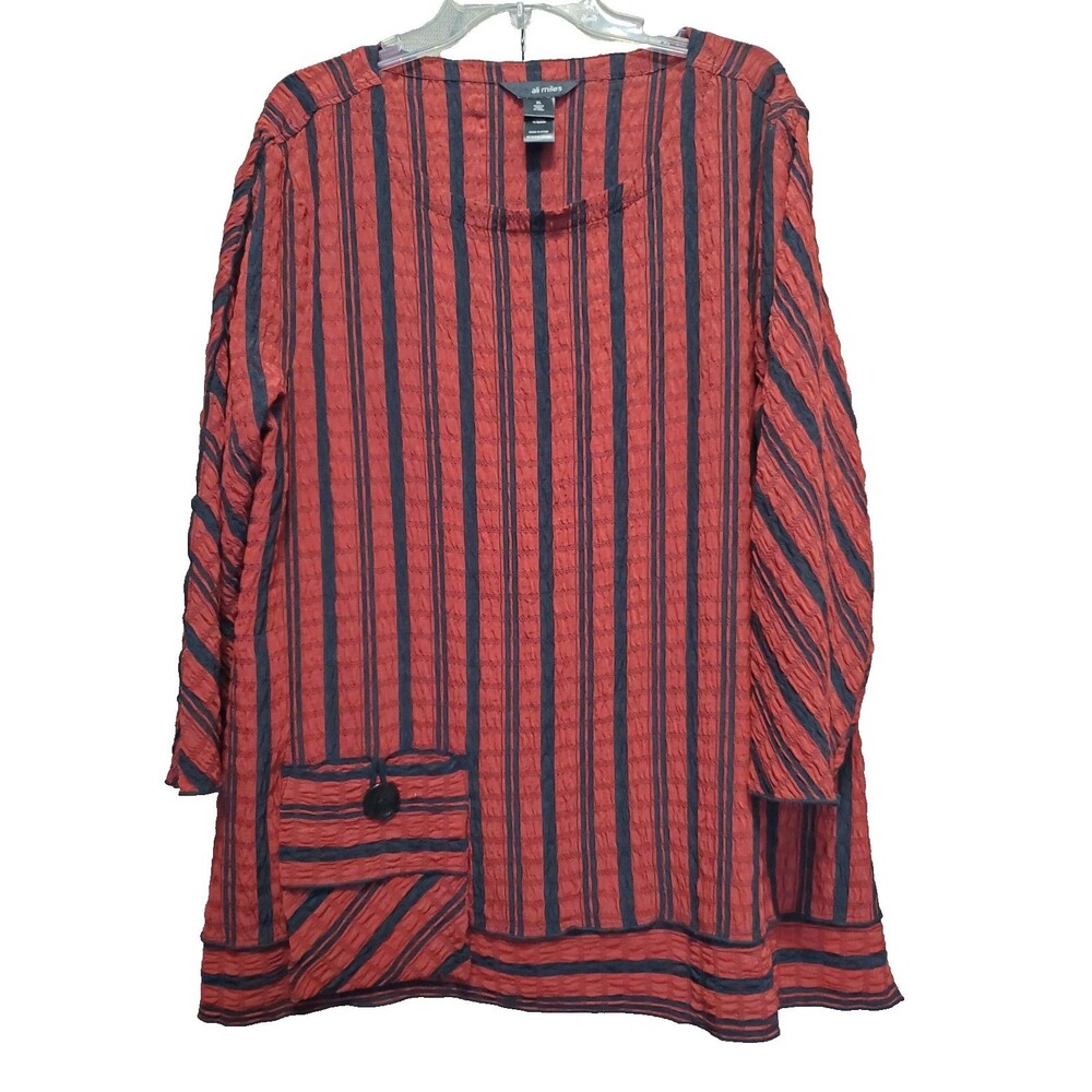 Ali Miles Red & Black Textured Woven Stripe Patch Pocket Tunic Size XL Lagenlook